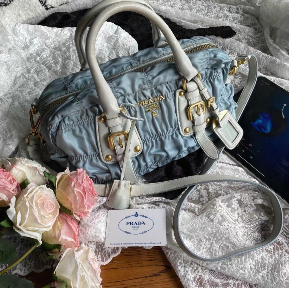 Prada Nylon Tessuto Gaufre Handbag in Mist Blue W Cream Nappa Leather Handles